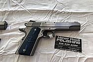 3 Blue Grip Colt Government Model .45 Caliber Guns / Pistols BEFORE Chrome-Like Metal Polishing - Stainless Steel Polishing