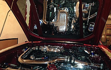 Doug's 1987 342 C.I. F1R 934 horsepower Ford Mustang Engine Compartment AFTER Full Metal Polishing of Various Aluminum Components Completed