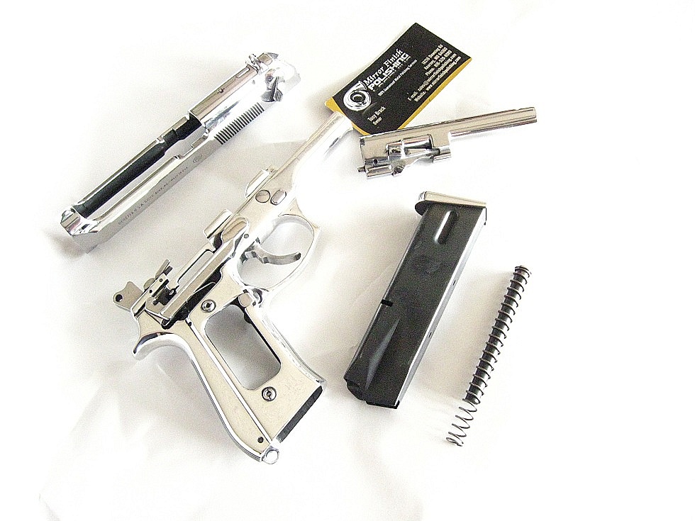 Beretta Stainless Steel Gun Slide, Hammer, Trigger, Frame, Barrel and Magazine AFTER Custom Metal Polishing and Buffing Services