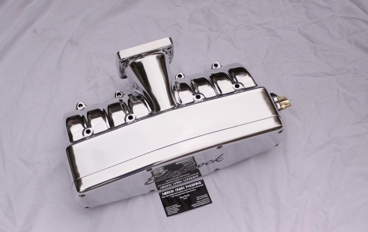 Edelbrock V8 Ford Mustang Aluminum Intake Manifold AFTER Chrome - Like Aluminum Metal Polishing and Buffing Services
