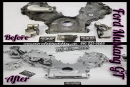 Ford Mustang GT Aluminum Timing Cover BEFORE/AFTER Chrome -Like Polishing and Buffing Services plus Aluminum Finishing Services | Aluminum Polishing Services 